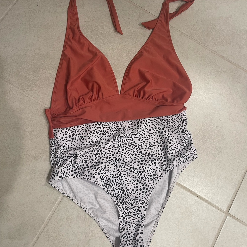 Chic Coral and Black & White Spotted Swimsuit